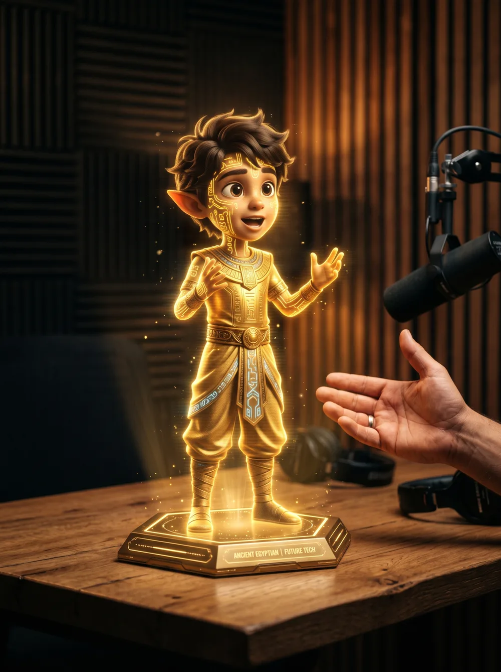 Maizo — die goldene KI-Leitfigur als Hologramm auf dem Studiotisch