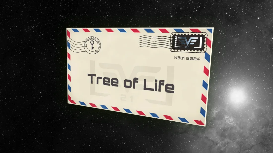 Show-Umschlag „Tree of Life“ mit Köln-Stempel vor Sternenhimmel